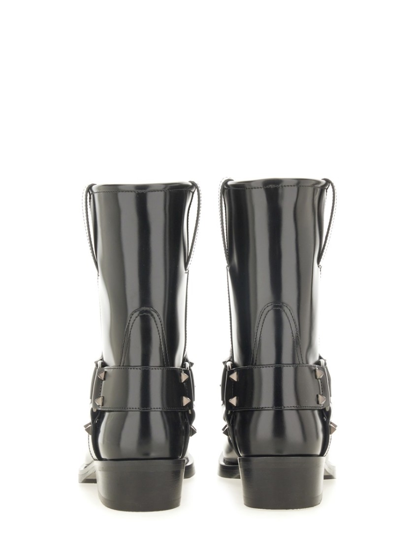 Valentino Black Leather Biker Rockstud Ankle Boots In Black