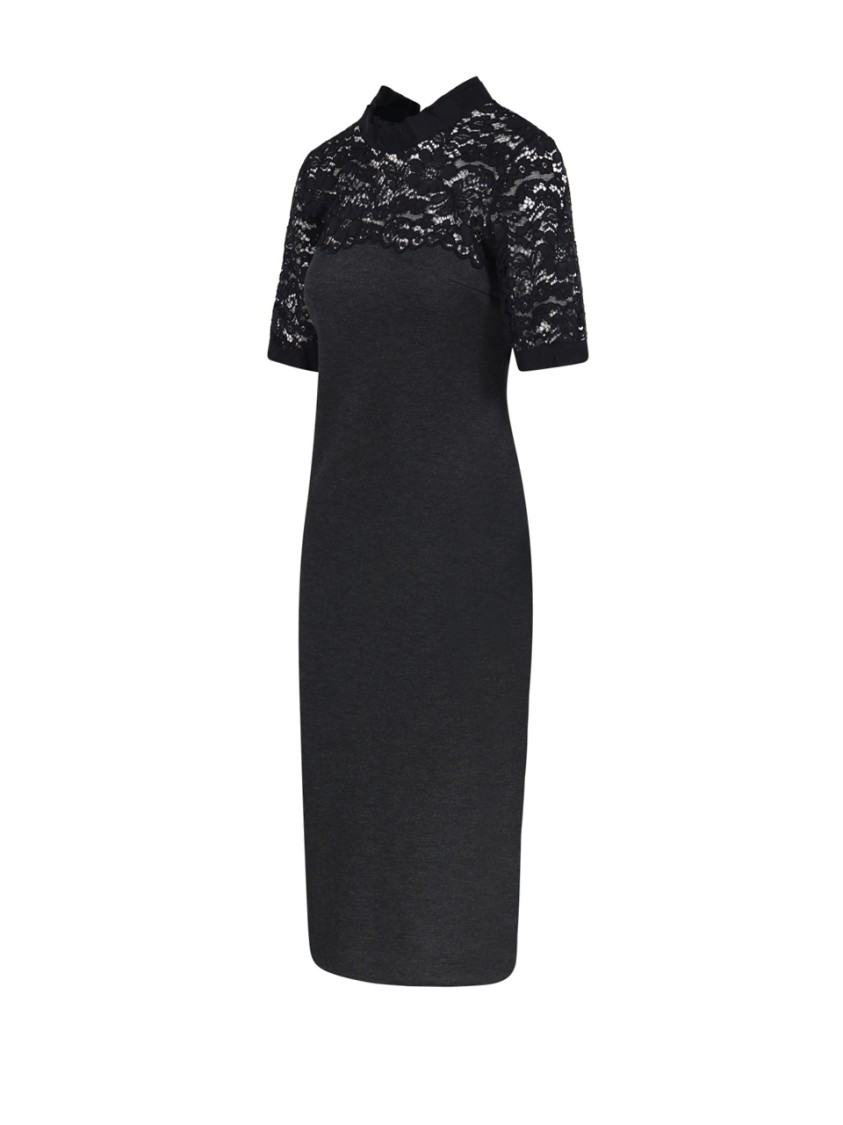 P.a.r.o.s.h Short Sleeve High Neckline Lace Detailing Dress In Grey