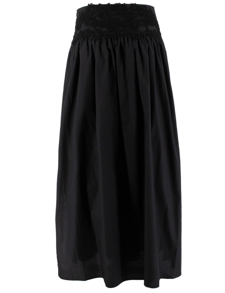 Ermanno Scervino Floral Lace Waistband Flowing Black Cotton Maxi Skirt In Black