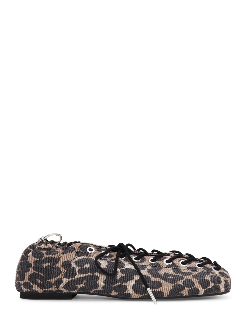 Ganni Denim Print Lace-up Ballerina Flats With Leopard Pattern In Black