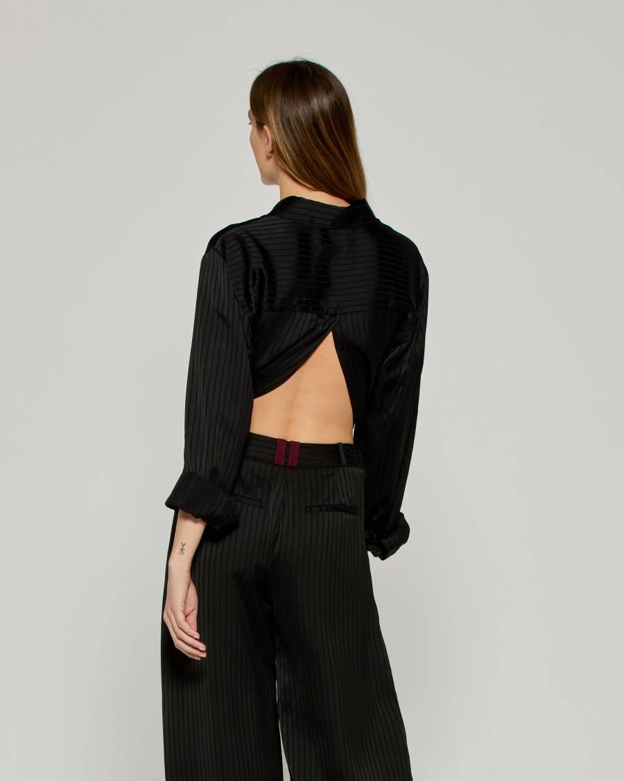 Serena Bute Wool Pinstripe Boyfriend Shirt - Black/pink In Black