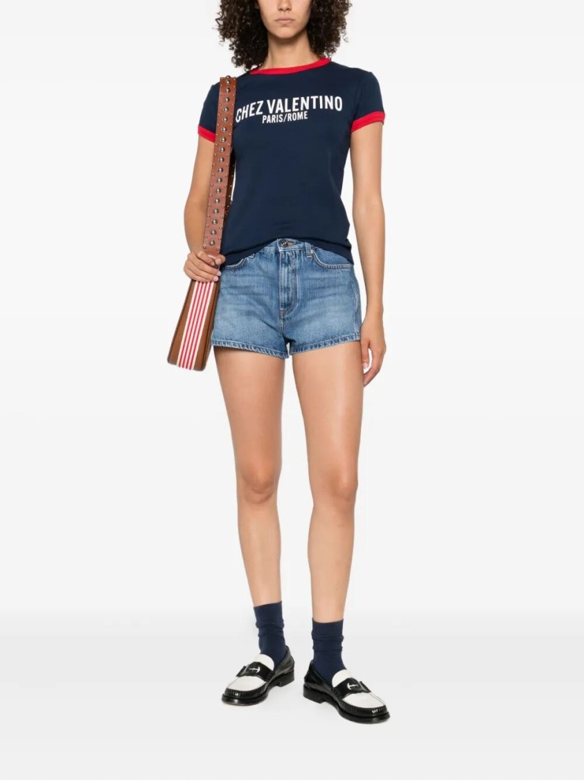 Valentino Fitted T-shirt With Contrasting Red Trimlettering In Blue