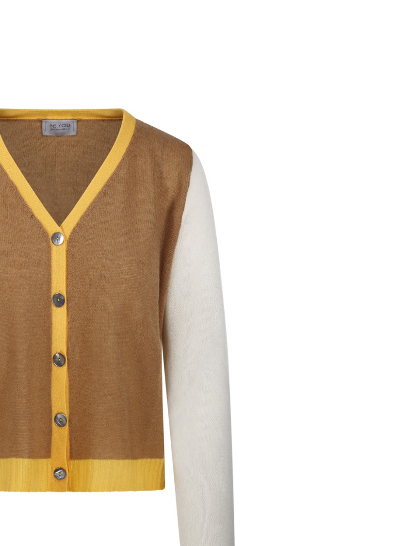 Be You Color-block Cashmere Cardigan With V-neckline In Brown
