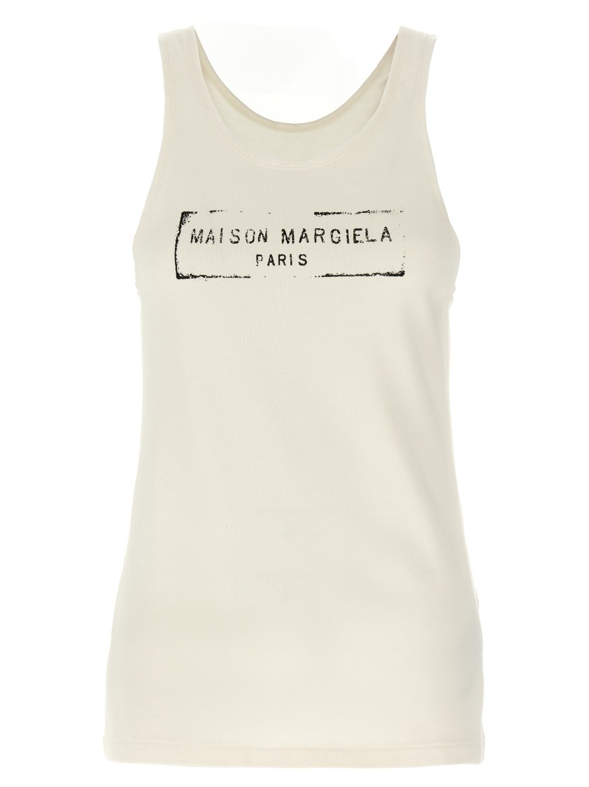 Maison Margiela Beige Top With Wide Neckline And Logo Printed On The Front In Viscose And Cotton Blend Woman
