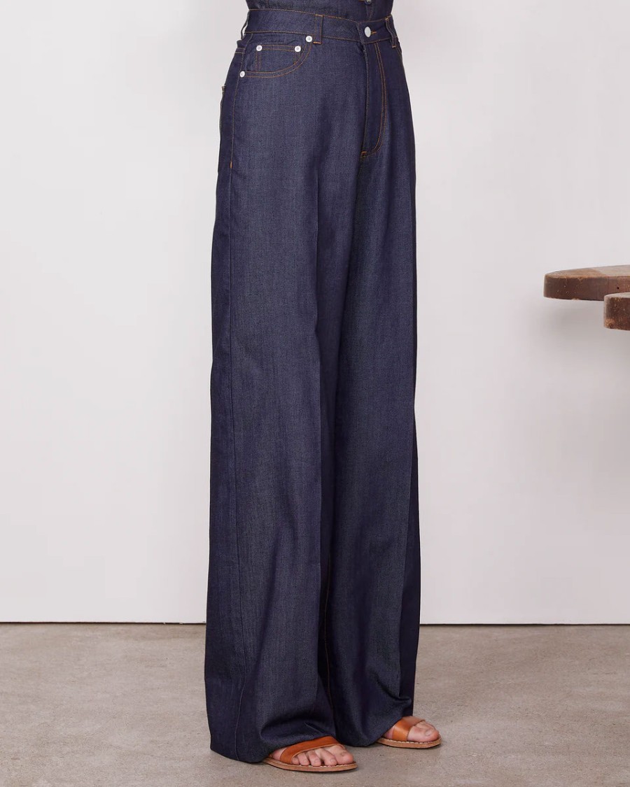 Officine Generale Dark Indigo Mid Waisted Wide Leg Jeans In Black