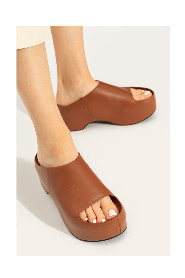 Marni Brown Heel Slip-On Sandals With Design | THE LIST