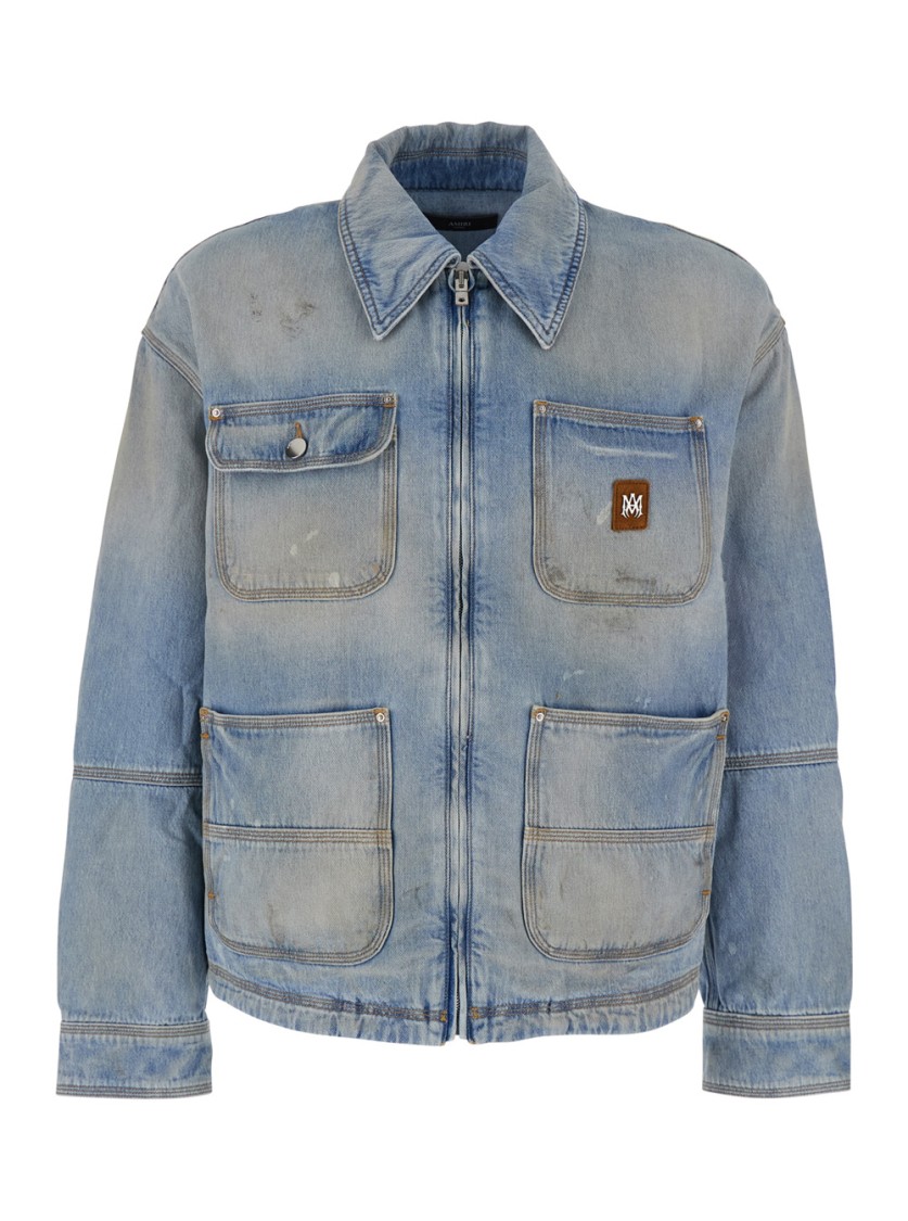 Amiri Blue Jacket With Classic Collar And Logo Patch On Front And Rear In Denim Man In Blue