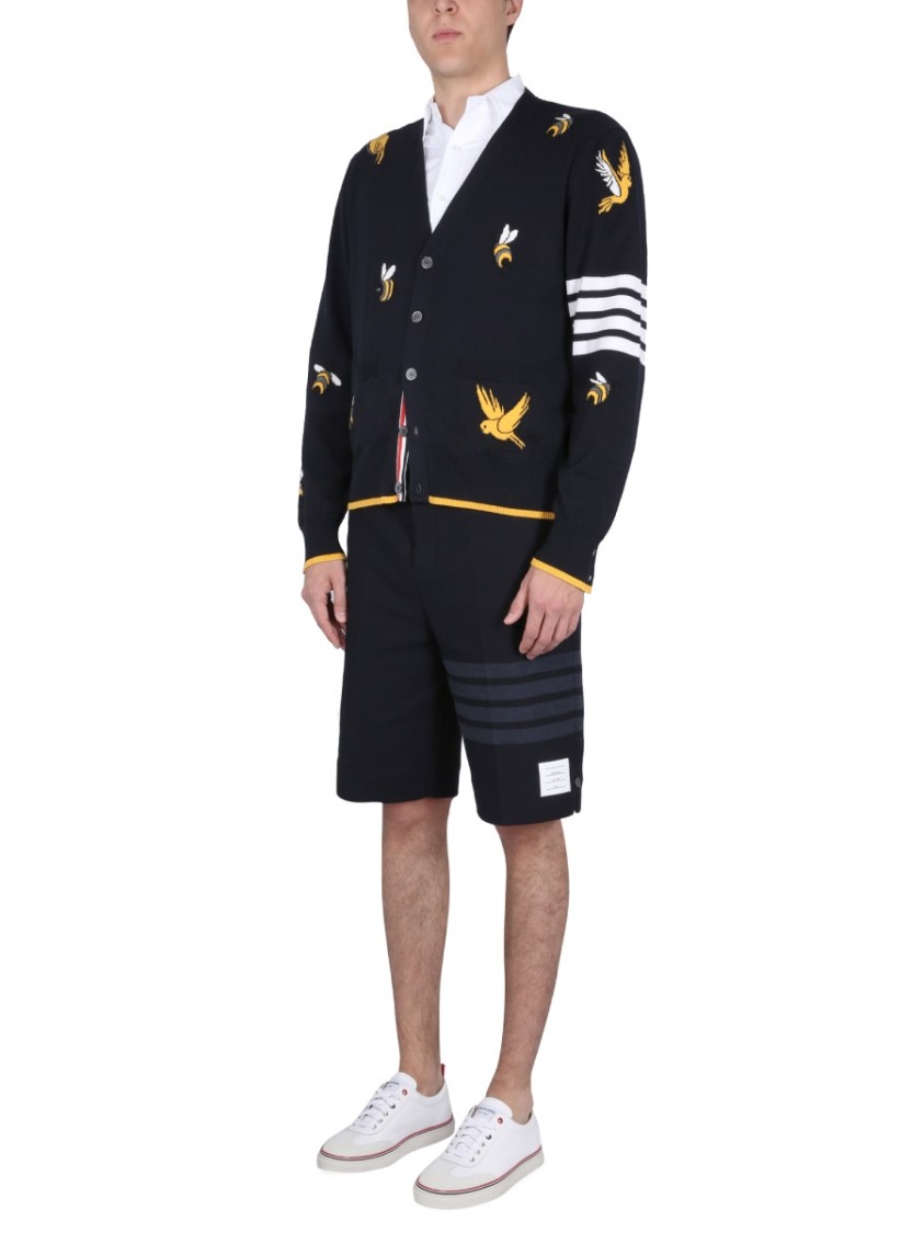 Shop Thom Browne Cardigan With Birds And Bees Inlays In Blue