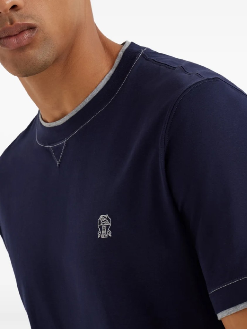 Brunello Cucinelli Short-sleeved Crew Neck T-shirt With Contrasting Stitching In Blue