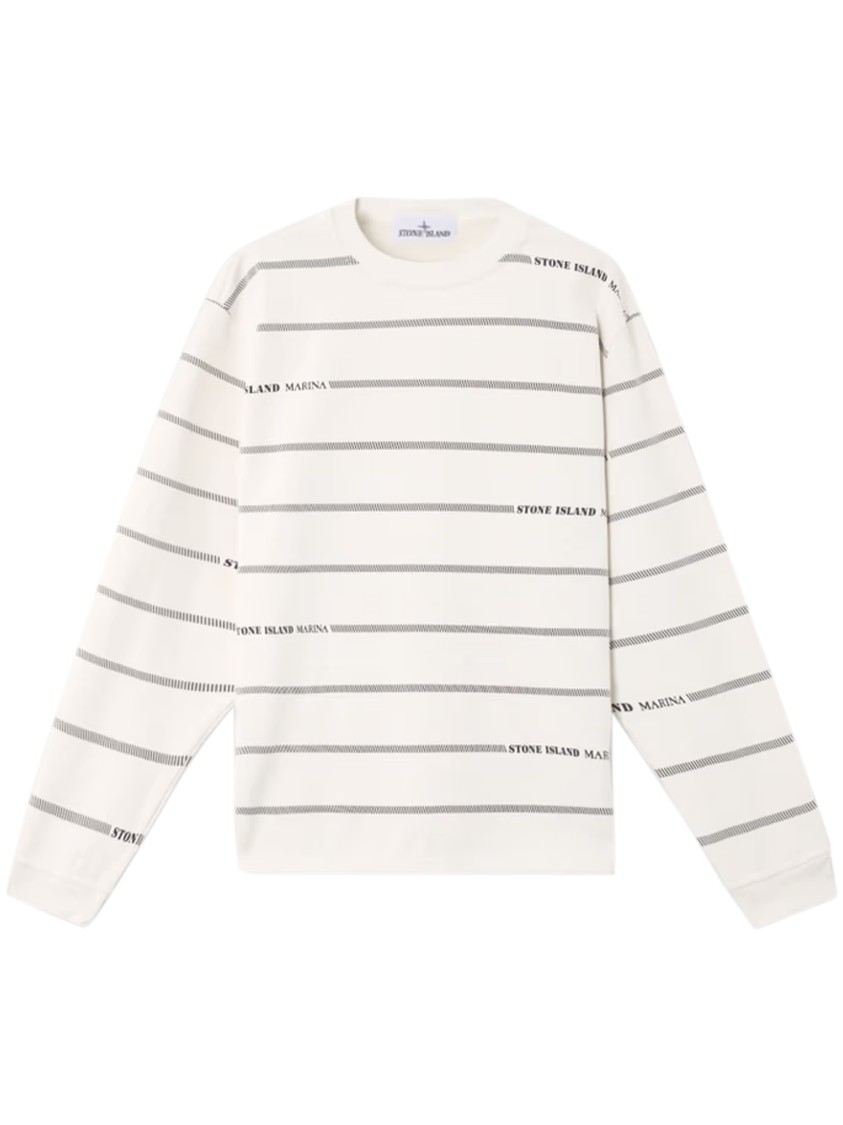 Stone Island Oversized Fit Crewneck Sweatshirt With Stripes And Lettering In Neutral