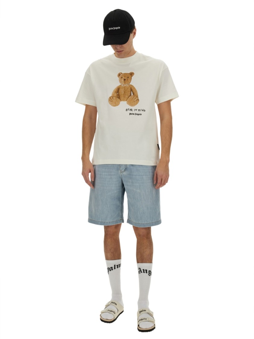 Palm Angels Bear In Mind White T-shirt With Bear Print And Logo Lettering On The Front In Cotton Man In White