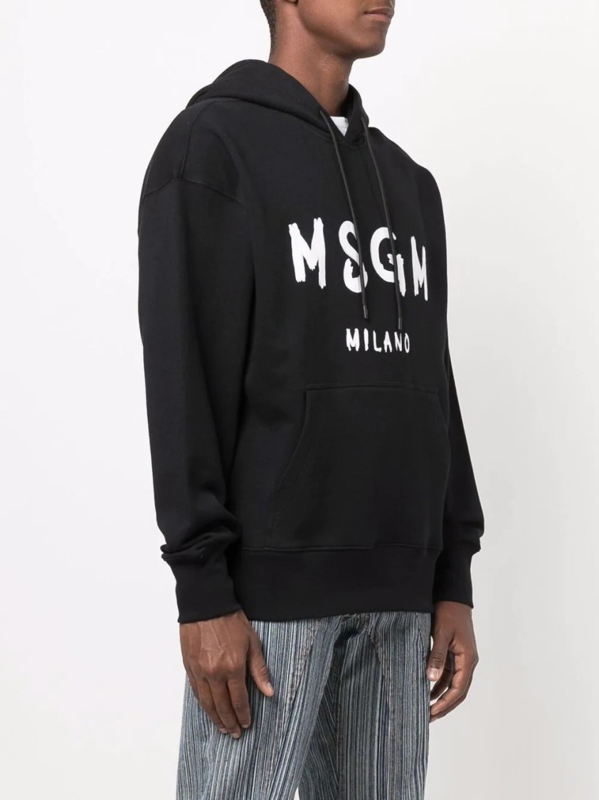 Msgm Logo Print Cotton Hoodie In Black