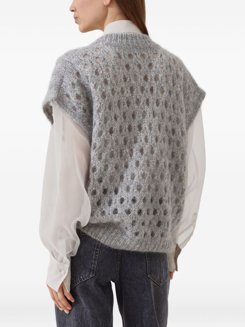Brunello Cucinelli Open-knit Short Sleeve Sweater With V-neckline In Gray