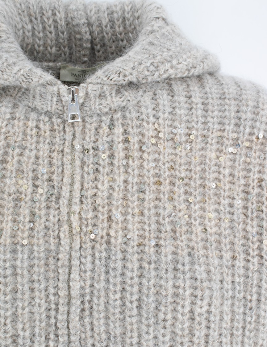 Panicale Textured Knit Zip Jacket With Sequined Detail In Neutrals