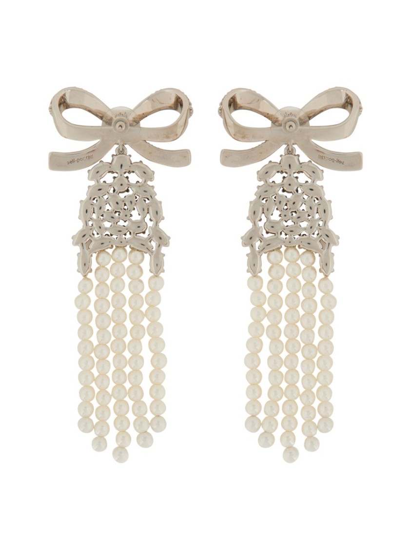 Self-portrait Drop Earrings With Delicate Bow And Pearl Strands In Silver