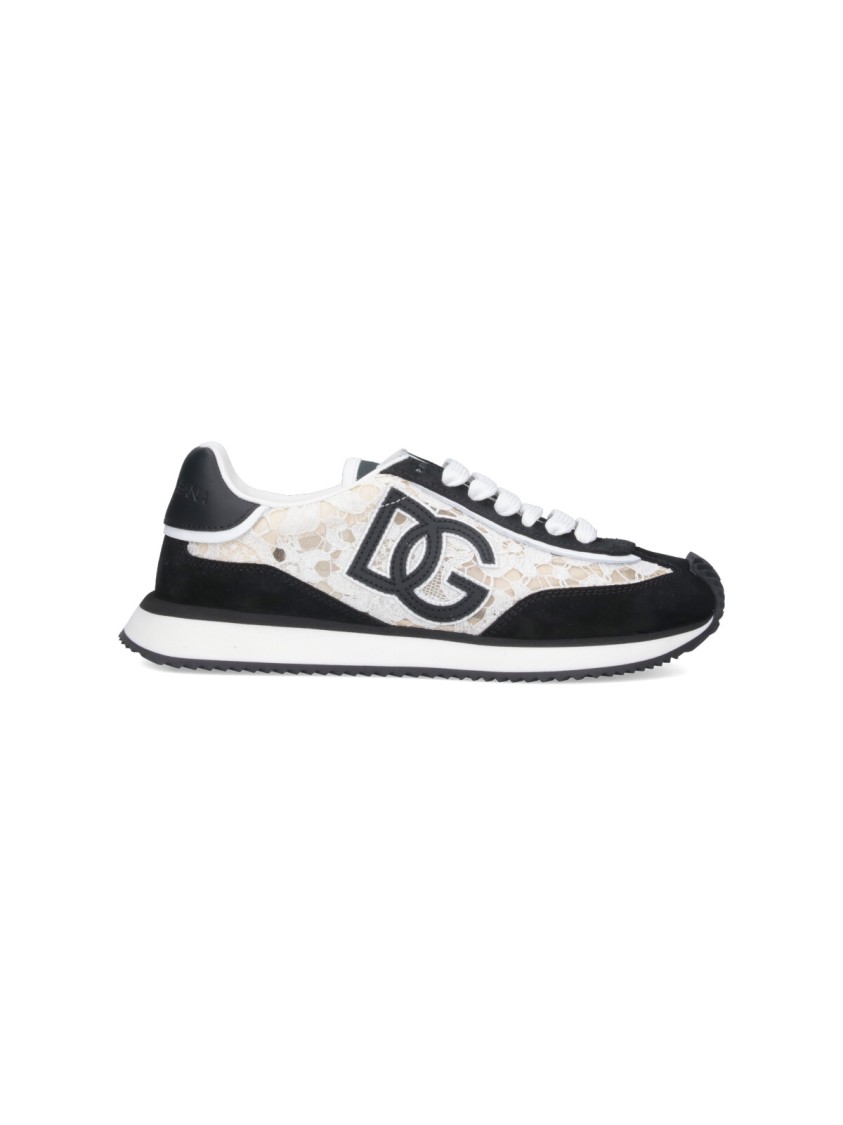 Dolce & Gabbana Black And White Low Top With Lace Details And Dg Patch On The Side In Black