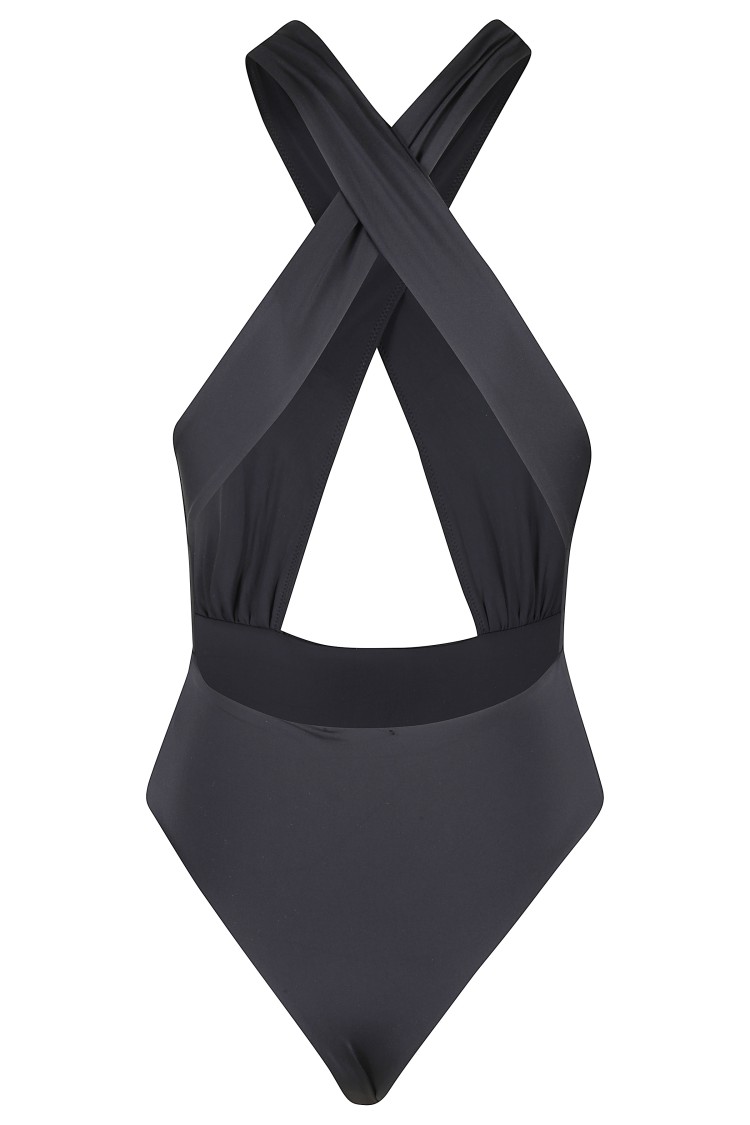 Venuja Black One-piece Swimsuit With Braided Straps And Bead Decorations In Tech Fabric Woman