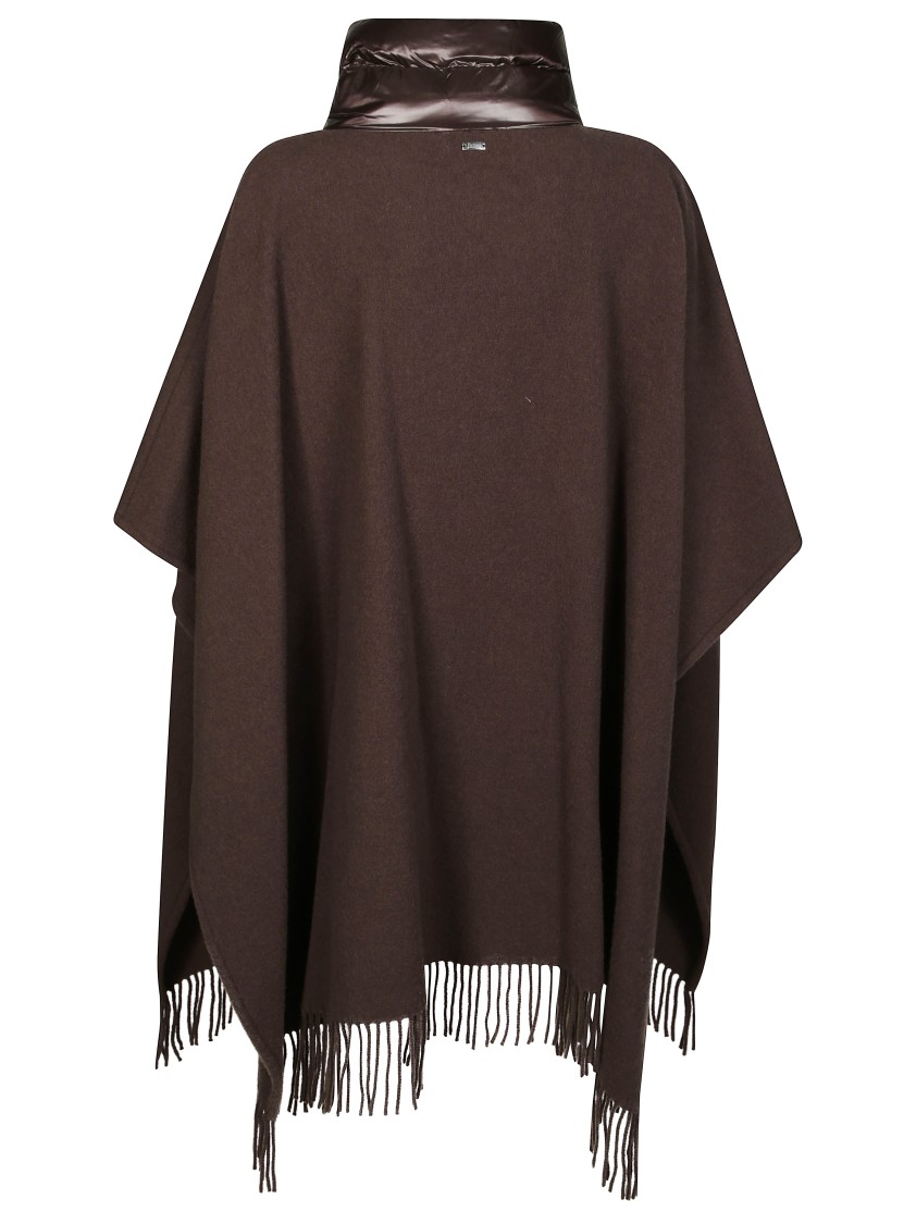 Herno Brown Cape With Drawstring Collar And Fringed Hem In Brown