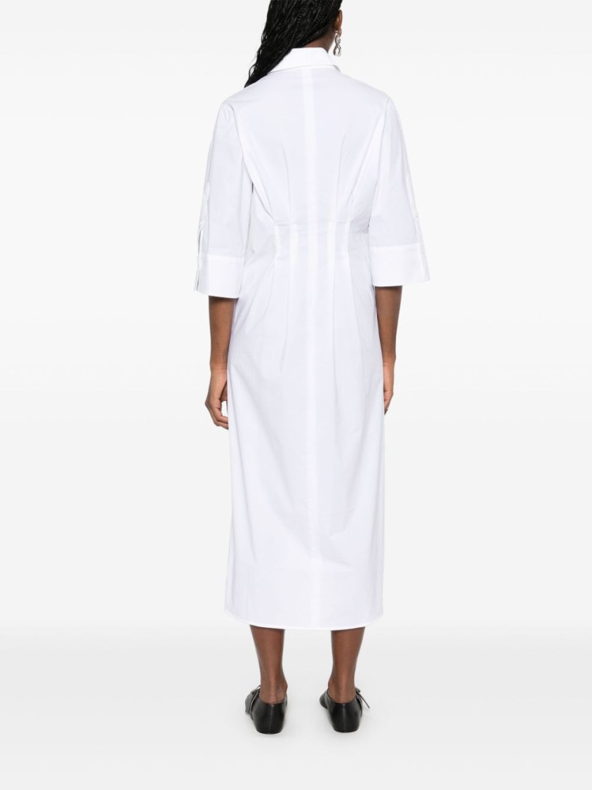Seventy Pleated White Dress With Buttoned Cuffs And Side Slits In White
