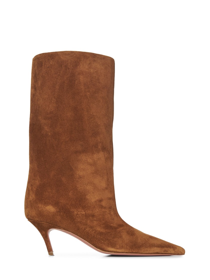 Amina Muaddi 60mm Fiona Suede Pointed-toe Knee-high Boots In Brown