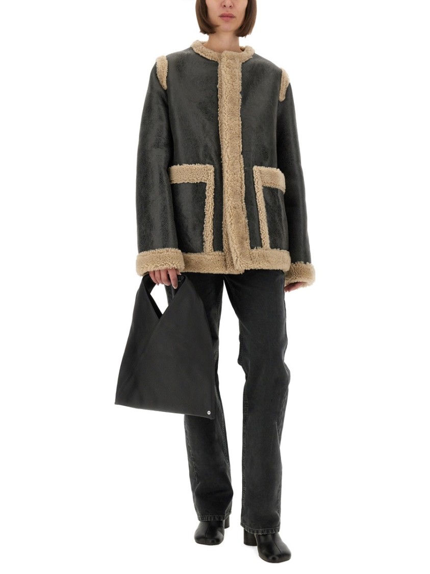 Mm6 Maison Margiela Mm6 By Maison Margiela Textured Black Shearling Jacket With Plush Trim In Black
