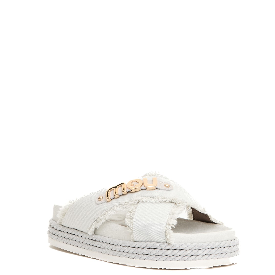 MOU MOU CROSS-STRAP CANVAS SANDALS WITH FRAYED EDGES