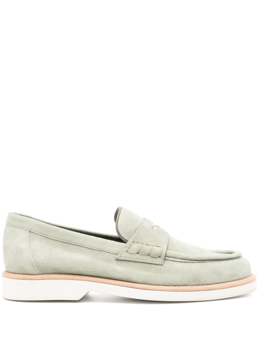 Santoni Classic Penny Loafers In Green Suede In Gray