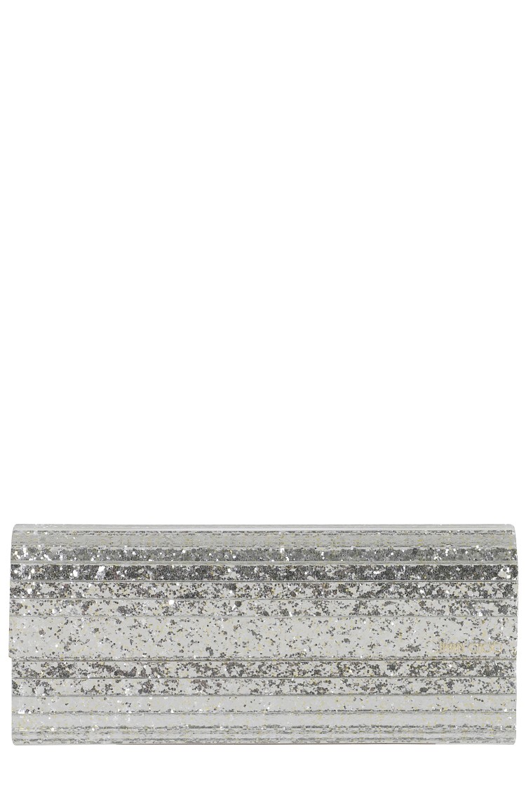 Jimmy Choo Champagne Silver Coarse Glitter Clutch In White