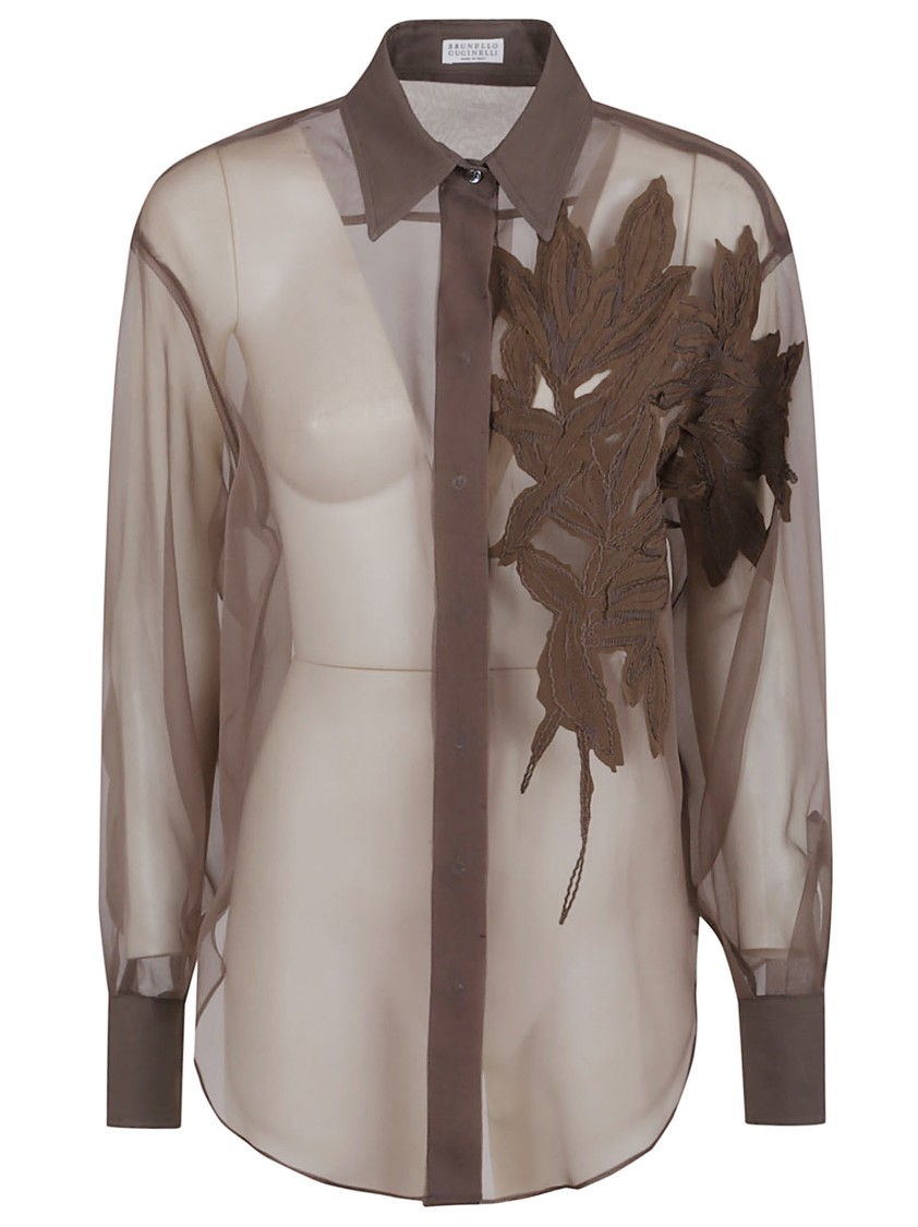 Brunello Cucinelli Brown Shirt With Semi-transparent Design And Embroidery On The Front In Silk Woma In Brown