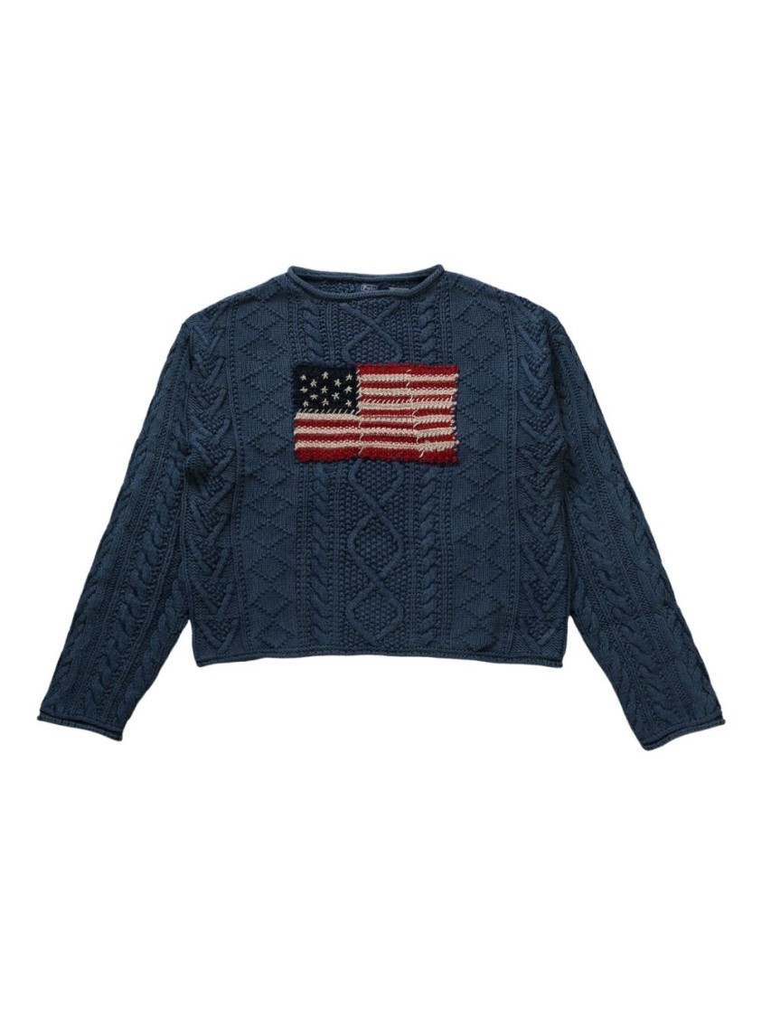 Shop Polo Ralph Lauren Navy Blue Cable Knit Sweater With Embroidered Flag Design