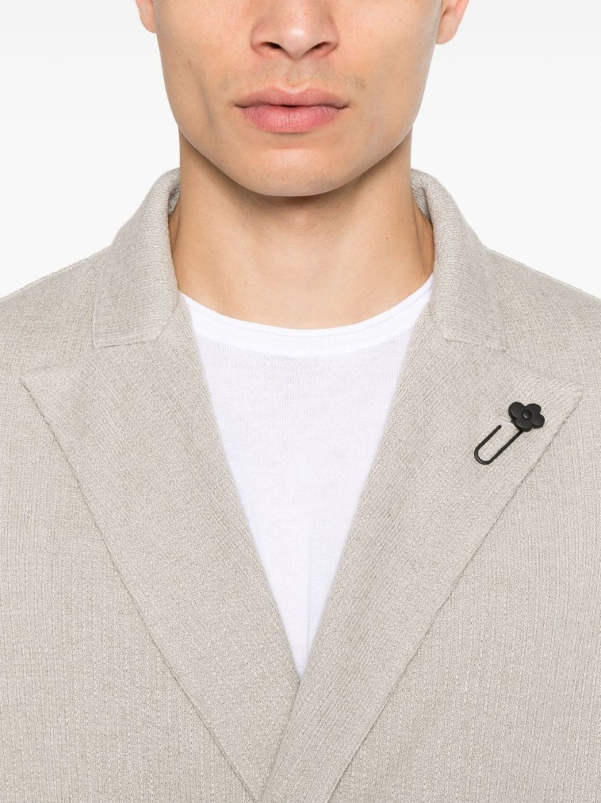 Lardini Double-breasted Linen Jacket With Brooch Detail And English Vents In Neutral