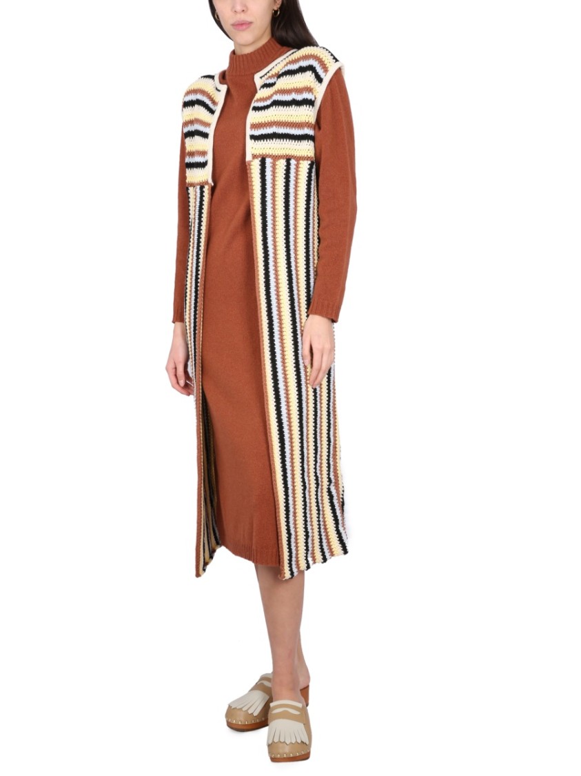 Alysi Open Front Striped Long Vest With Textured Knit In Pink