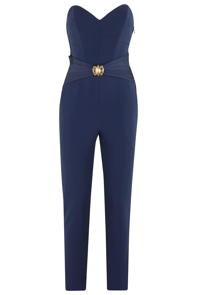 Elisabetta Franchi Sweetheart Neckline Jumpsuit With Jewel Detailing And Silhouette In Blue