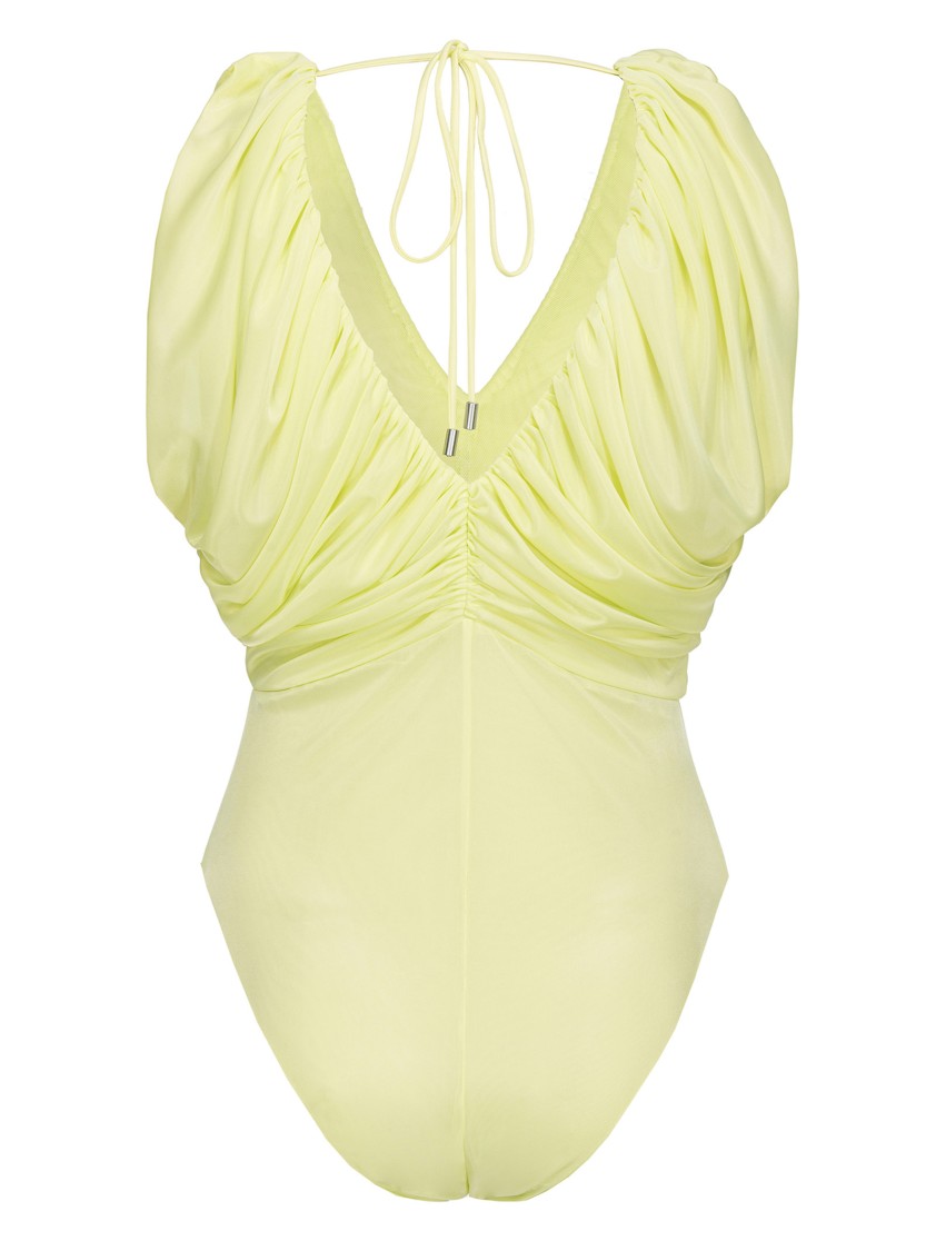 Pinko Gathered V-neck Bodysuit With Back Drawstring In Yellow