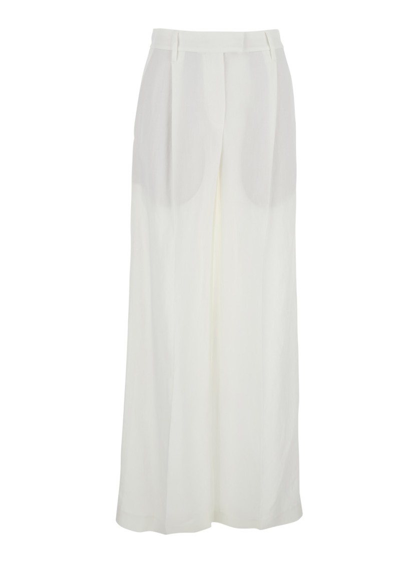 Brunello Cucinelli White Pants With Pleated Front And Jewelry Detail In Linen And Viscose Blend Woma