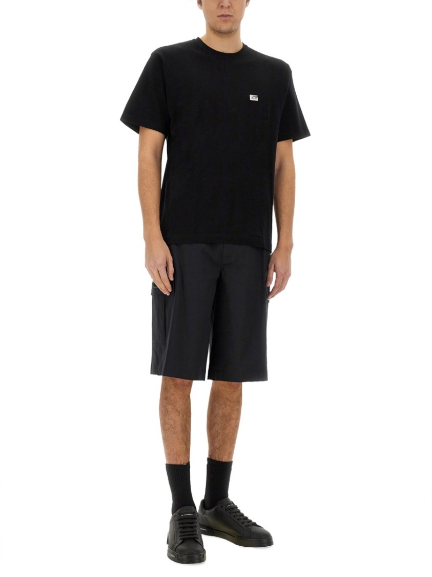 Dolce & Gabbana Black Bermuda Shorts With Pockets In Linen Man In Black