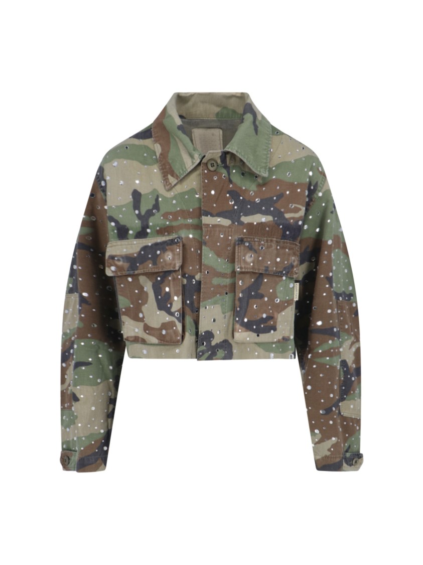 Rossano Prini Camouflage Crop Jacket In Brown And Green Cotton
