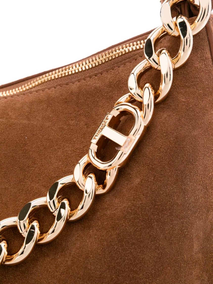 Twinset Twin-set Curved Suede Crossbody Bag With Chain Strap In Brown
