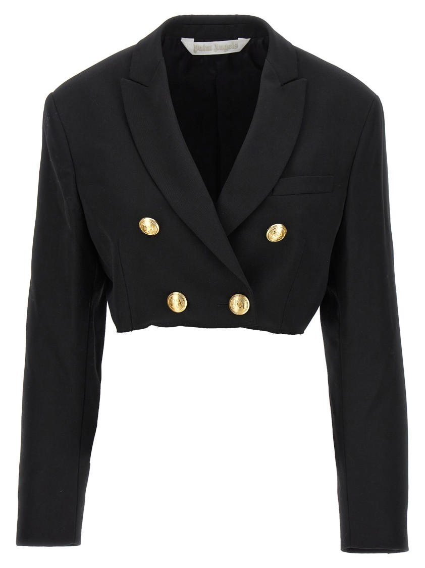 Palm Angels Double-breasted Cropped Blazer With Gold Button Accents In Black