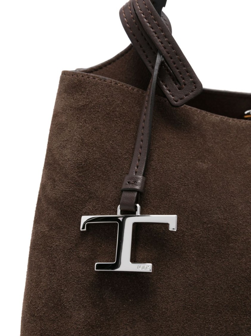 Tod's Structured Suede Handbag With Metallic Logo Charm In Brown