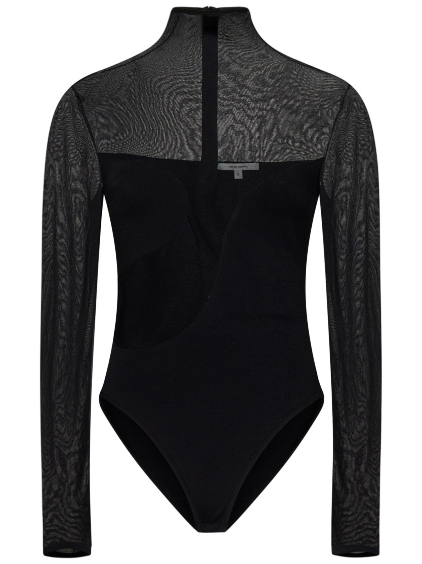Nensi Dojaka Asymmetric Line Bodysuit With Sheer Sleeves And High Neck In Black
