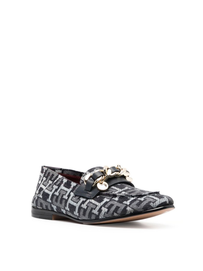Tommy Hilfiger Chain Detail Monogram Denim Loafers In White