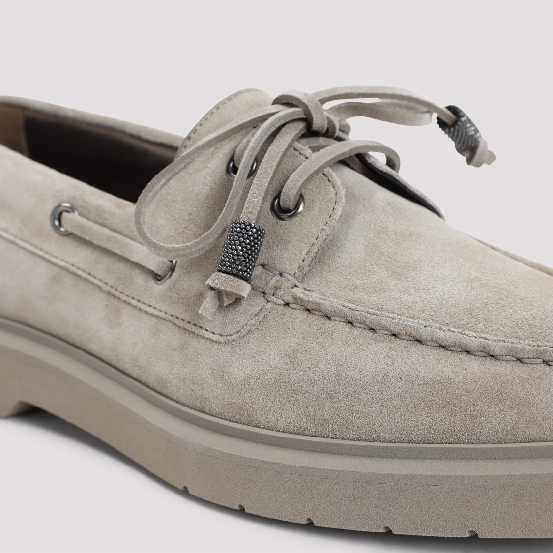 Brunello Cucinelli Taupe Grey Boat Moccasins With Monili Chain In Neutral