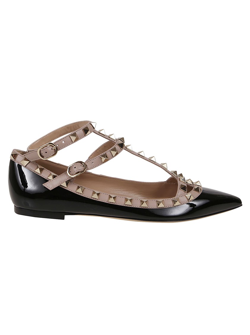 Valentino Rockstud Leather Flat Ballerina Shoes In Black