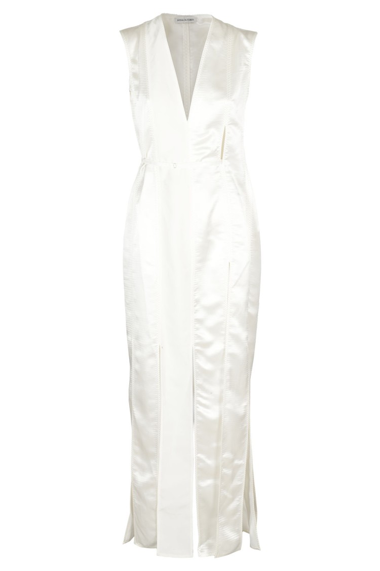 ANNA OCTOBER ANNA OCTOBER LONG WHITE SLEEVELESS DRESS WITH DEEP V-NECKLINE