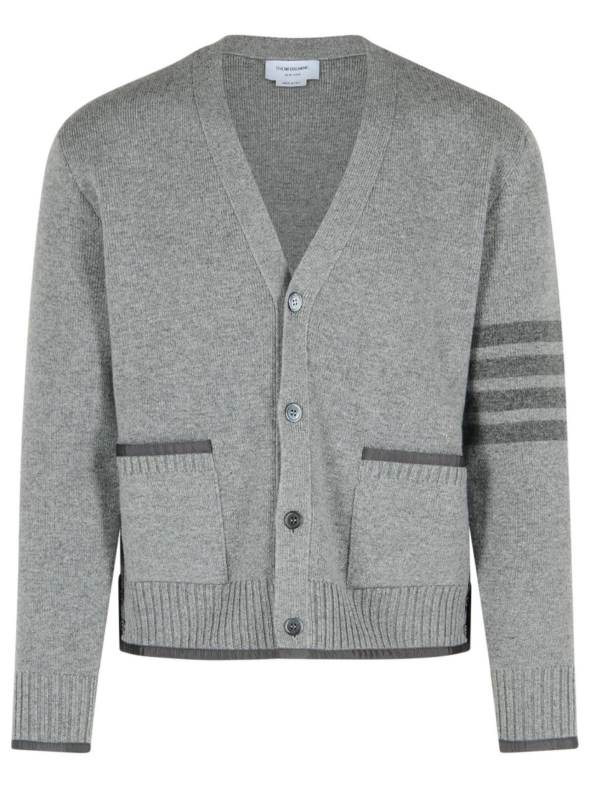 Thom Browne Grey Cardigan With V Neck And Striped Detail On The Sleeve In Wool Man