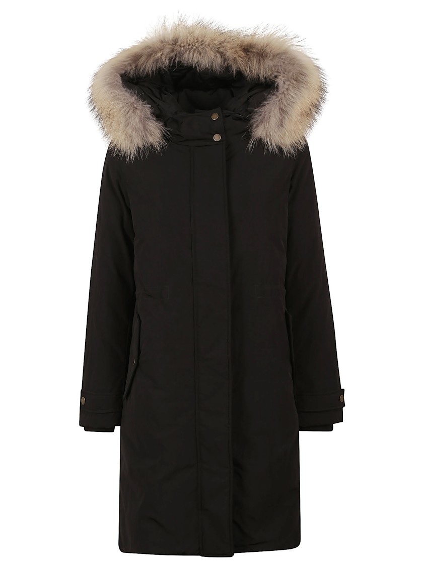 Woolrich Elongated Polyamide Parka With Plush Fur-lined Hood In Black