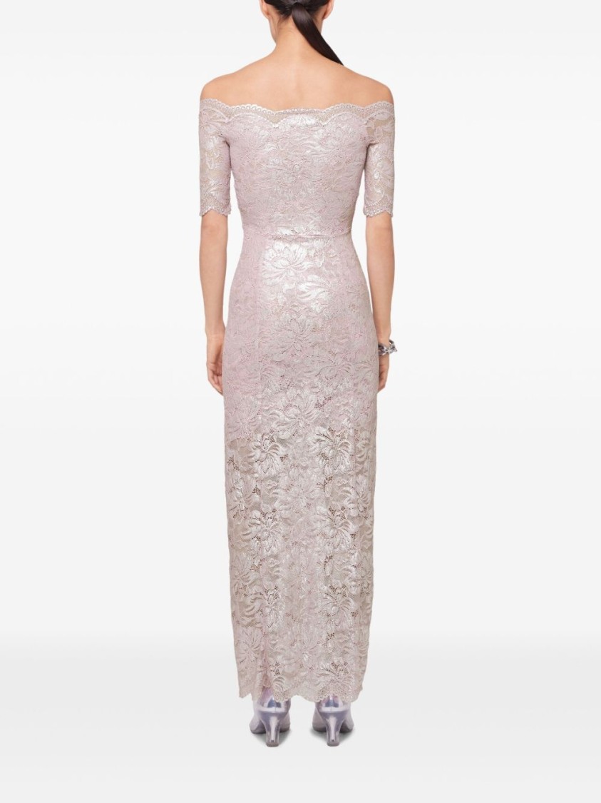 Rabanne Off-the-shoulder Twist-front Metallic Lace Maxi Dress In Silver