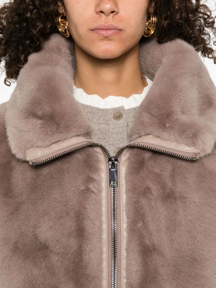 Pinko High Collar Faux Fur Vest In Beige In Neutral