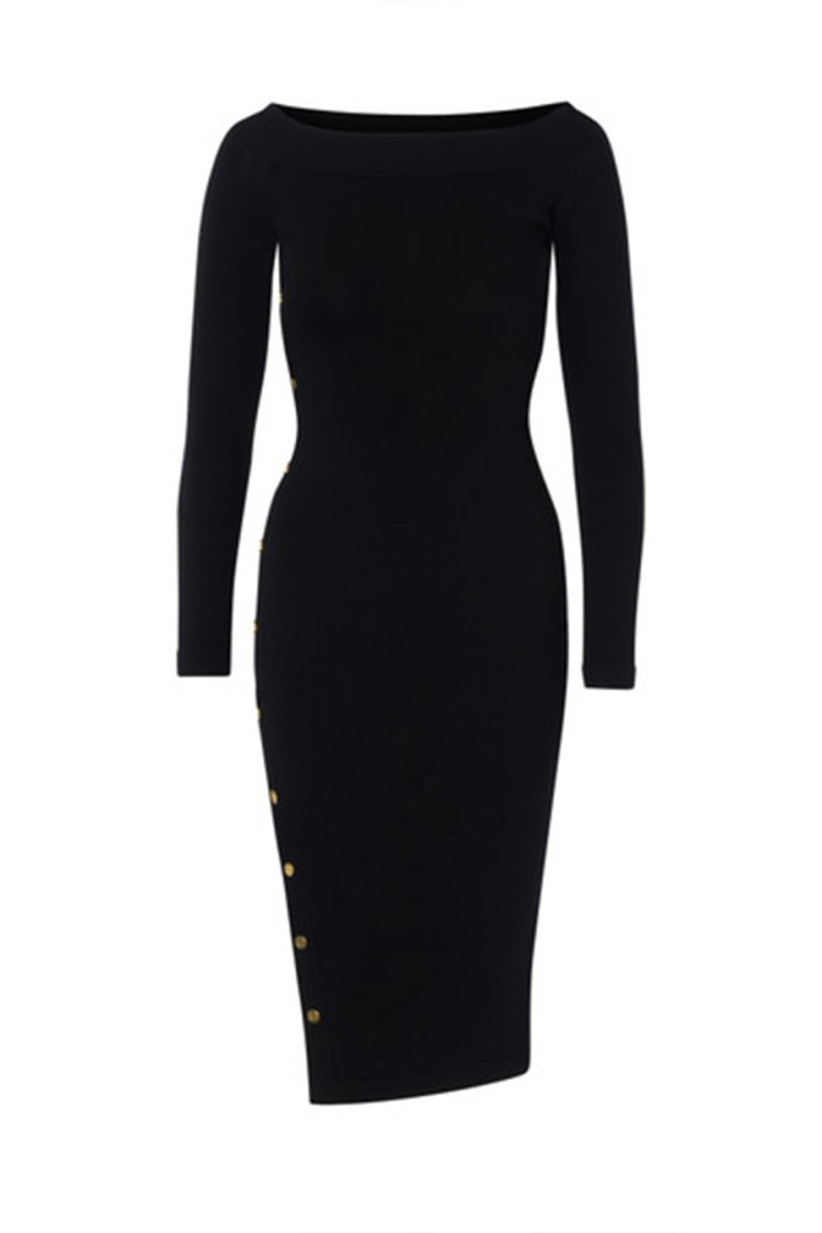 Elisabetta Franchi Fitted Black Midi Dress With Off-the-shoulder Neckline In Black